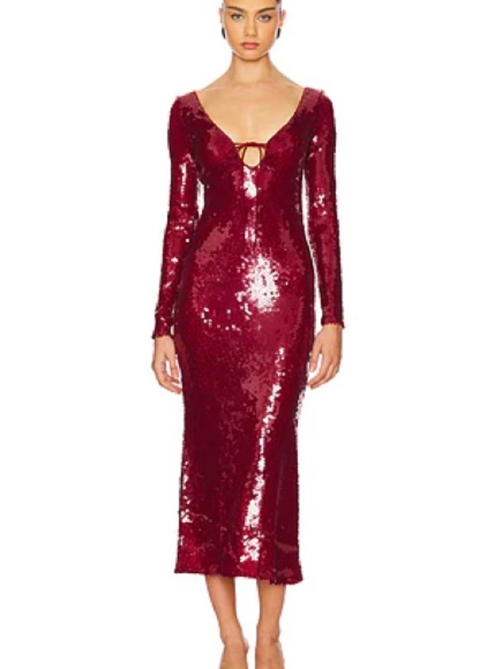 Anthropologie Red Sequin Long-Sleeve Tie-Back Gown